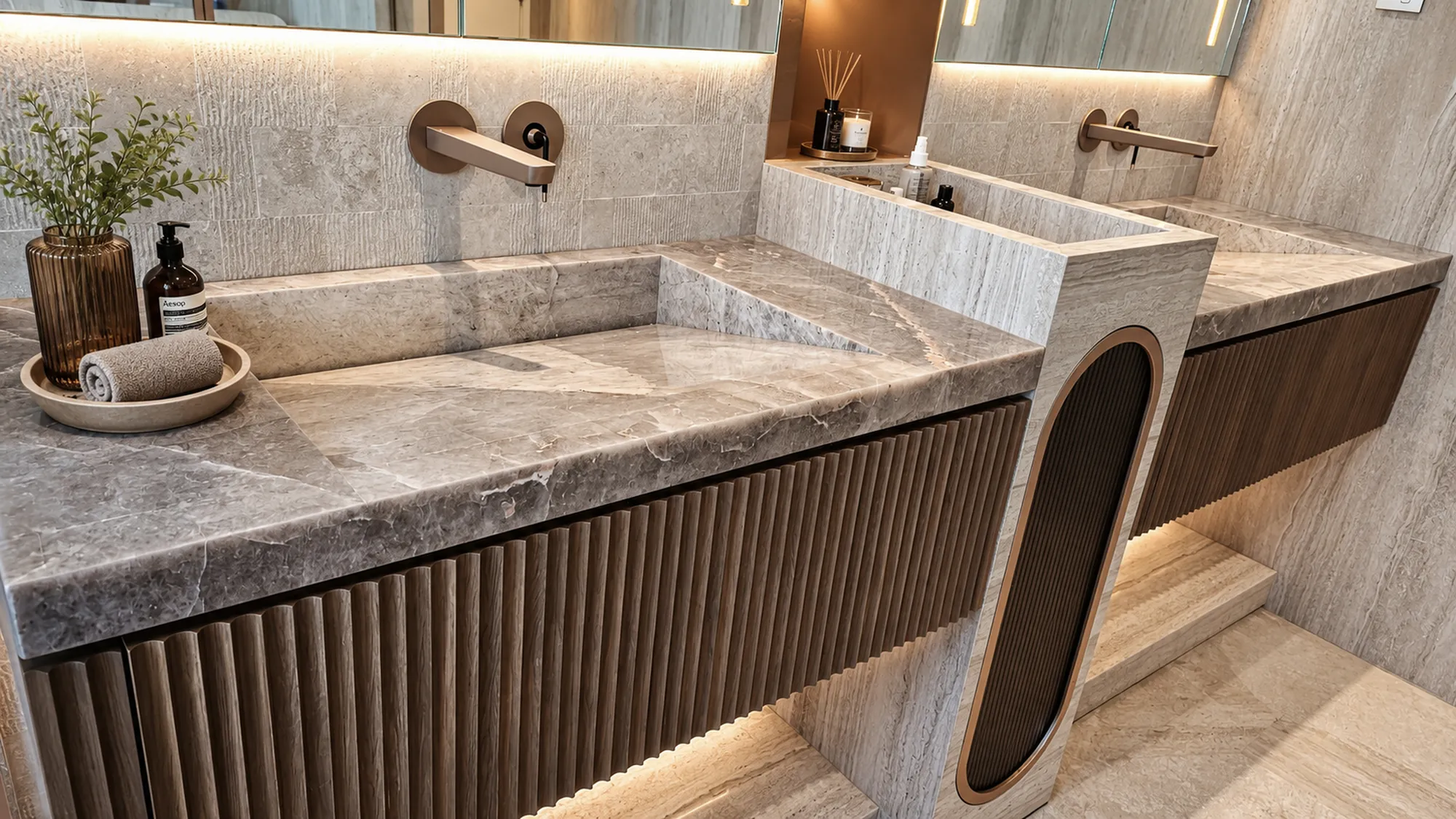 Master bath, marble vanity detail — apartment interior in Dubai by Soltis Interiors
