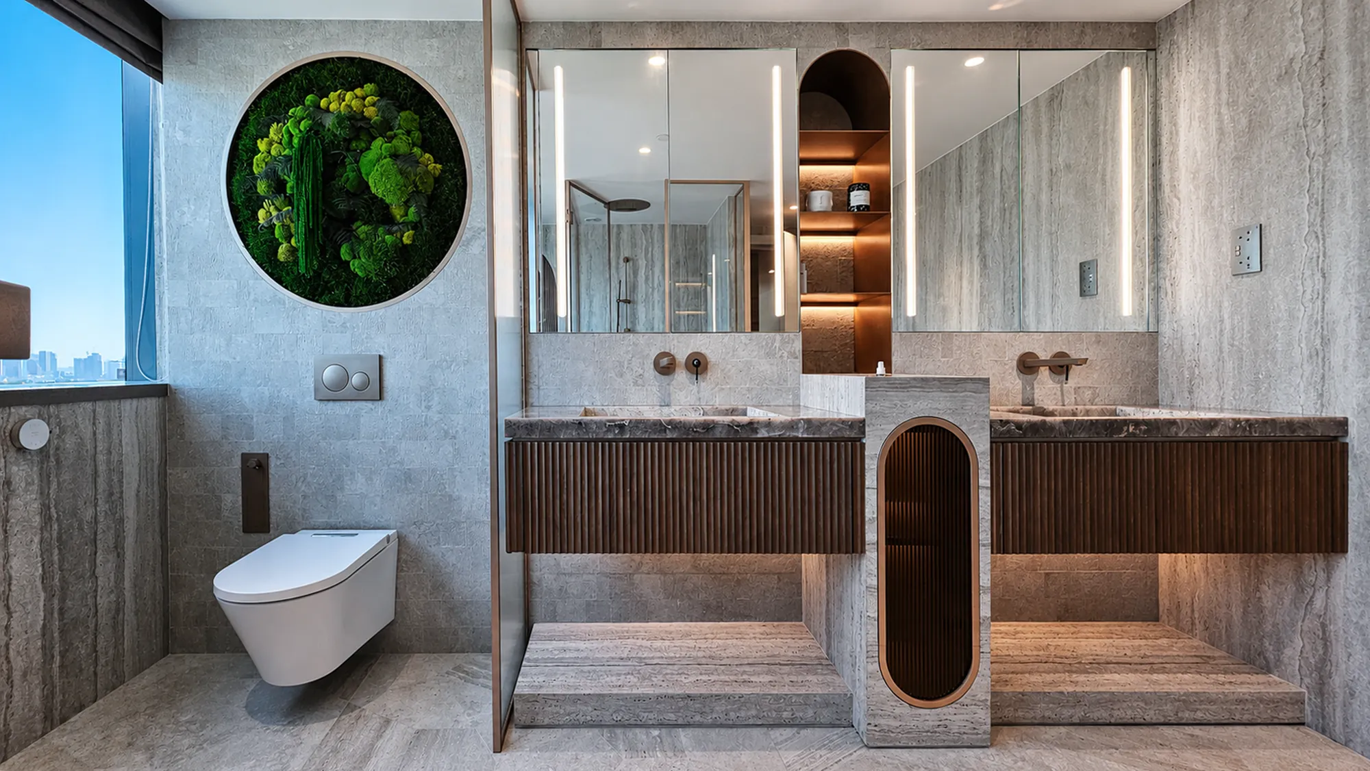 Master bath, double vanity with moss art and city view — apartment interior in Dubai by Soltis Interiors