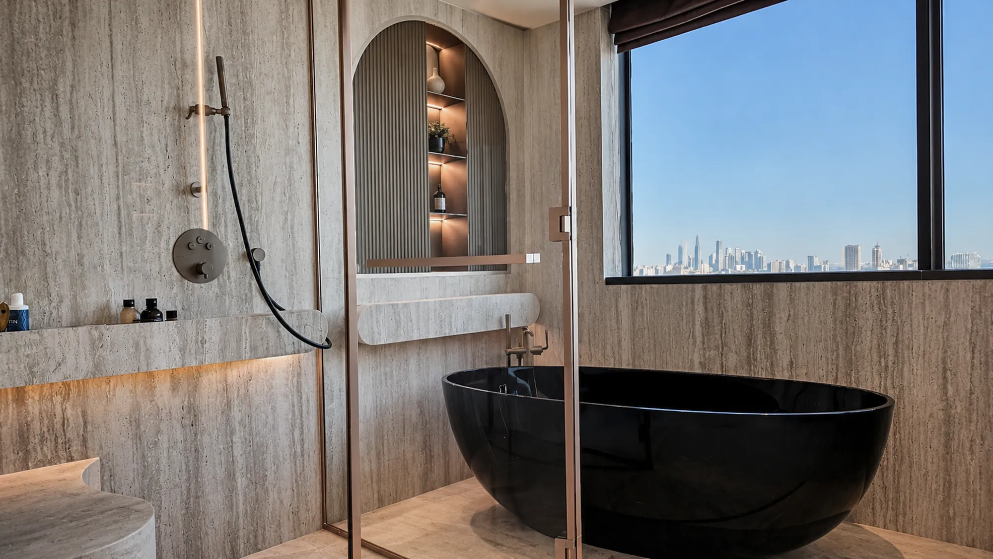 Master bath, freestanding tub and skyline — apartment interior in Dubai by Soltis Interiors