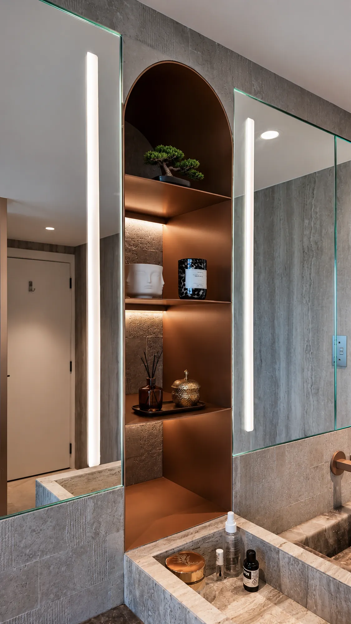 Master bath, arched copper niche — apartment interior in Dubai by Soltis Interiors