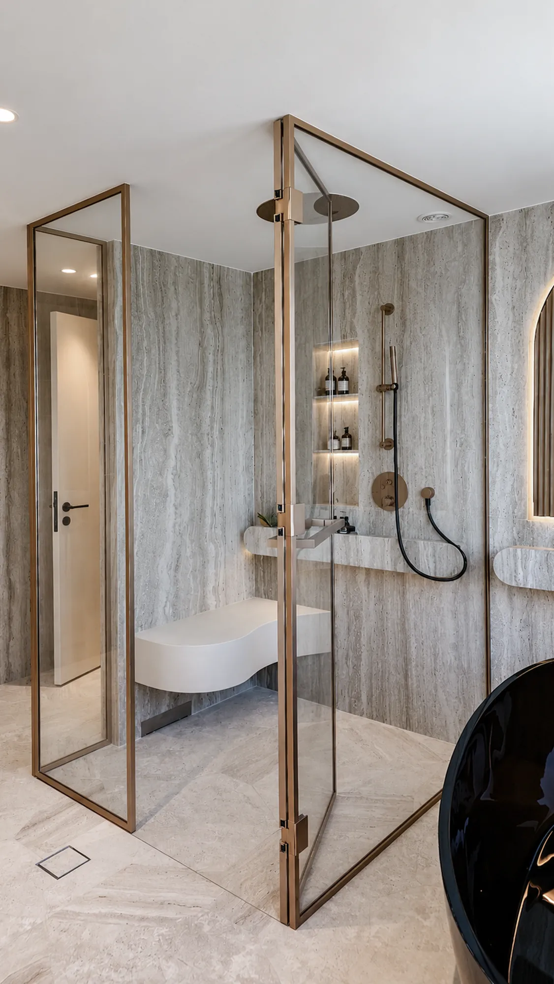 Master bath, walk-in rain shower — apartment interior in Dubai by Soltis Interiors