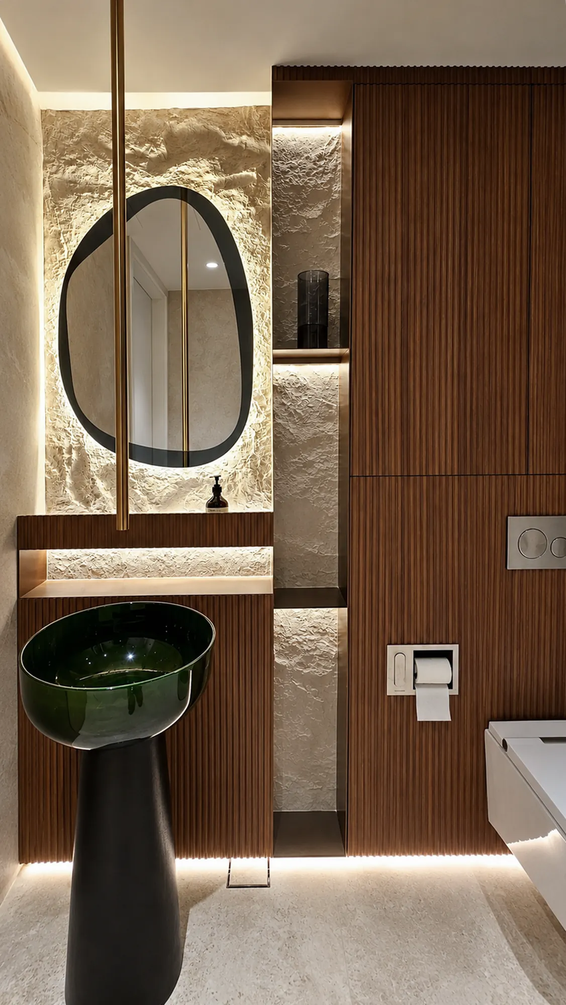 Powder room, green glass basin — apartment interior in Dubai by Soltis Interiors