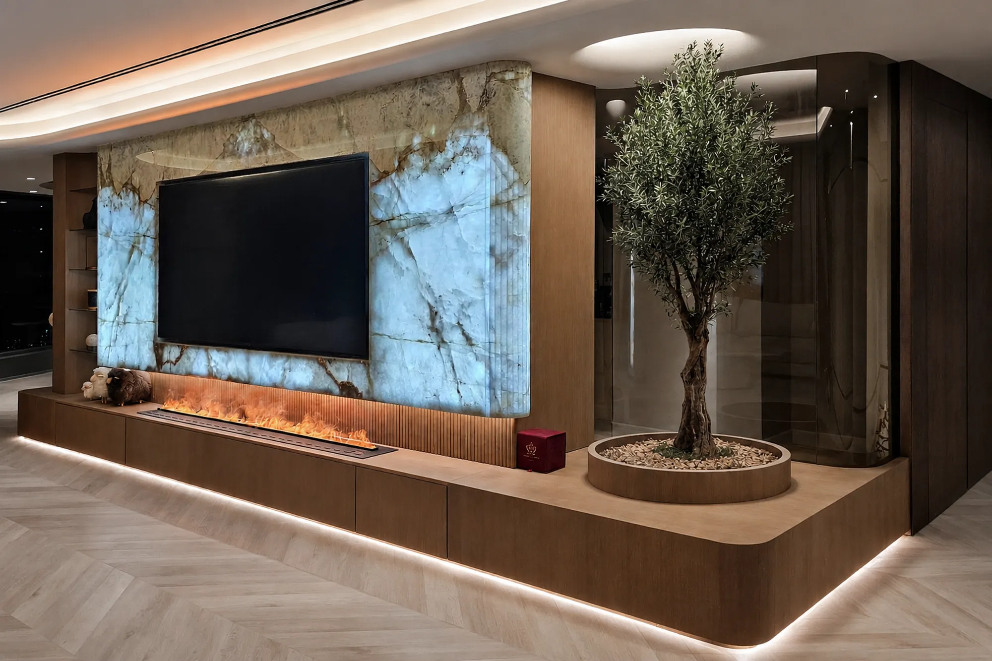 Living, onyx feature wall and olive tree — apartment interior in Dubai by Soltis Interiors