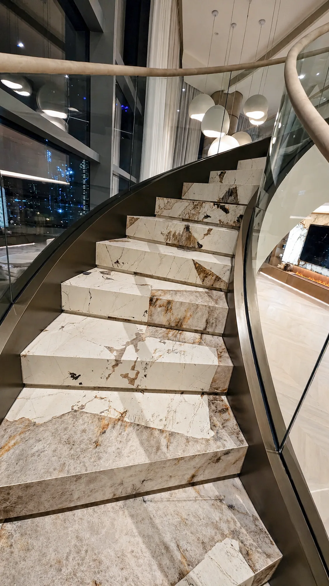 Staircase, spiral marble — apartment interior in Dubai by Soltis Interiors