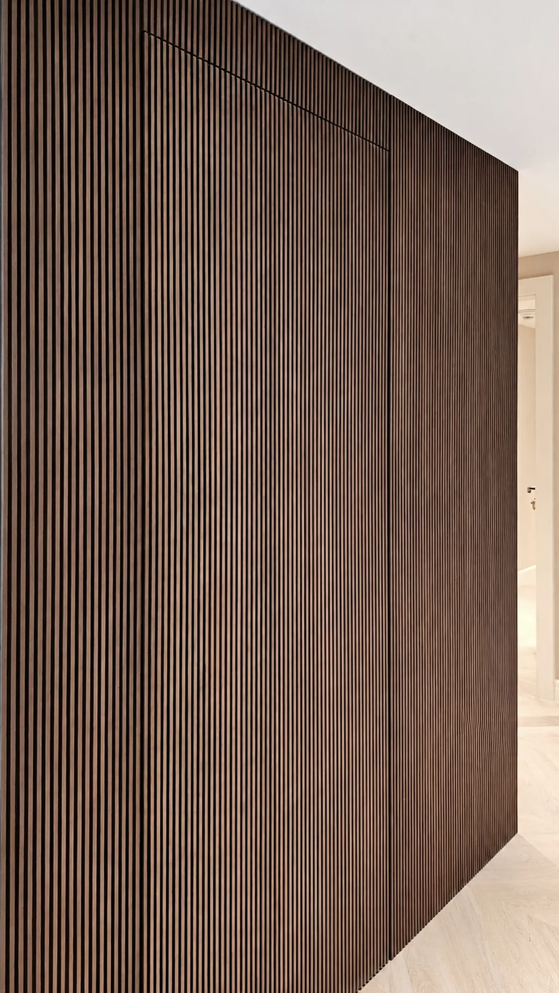 Corridor, dark timber slats — apartment interior in Dubai by Soltis Interiors